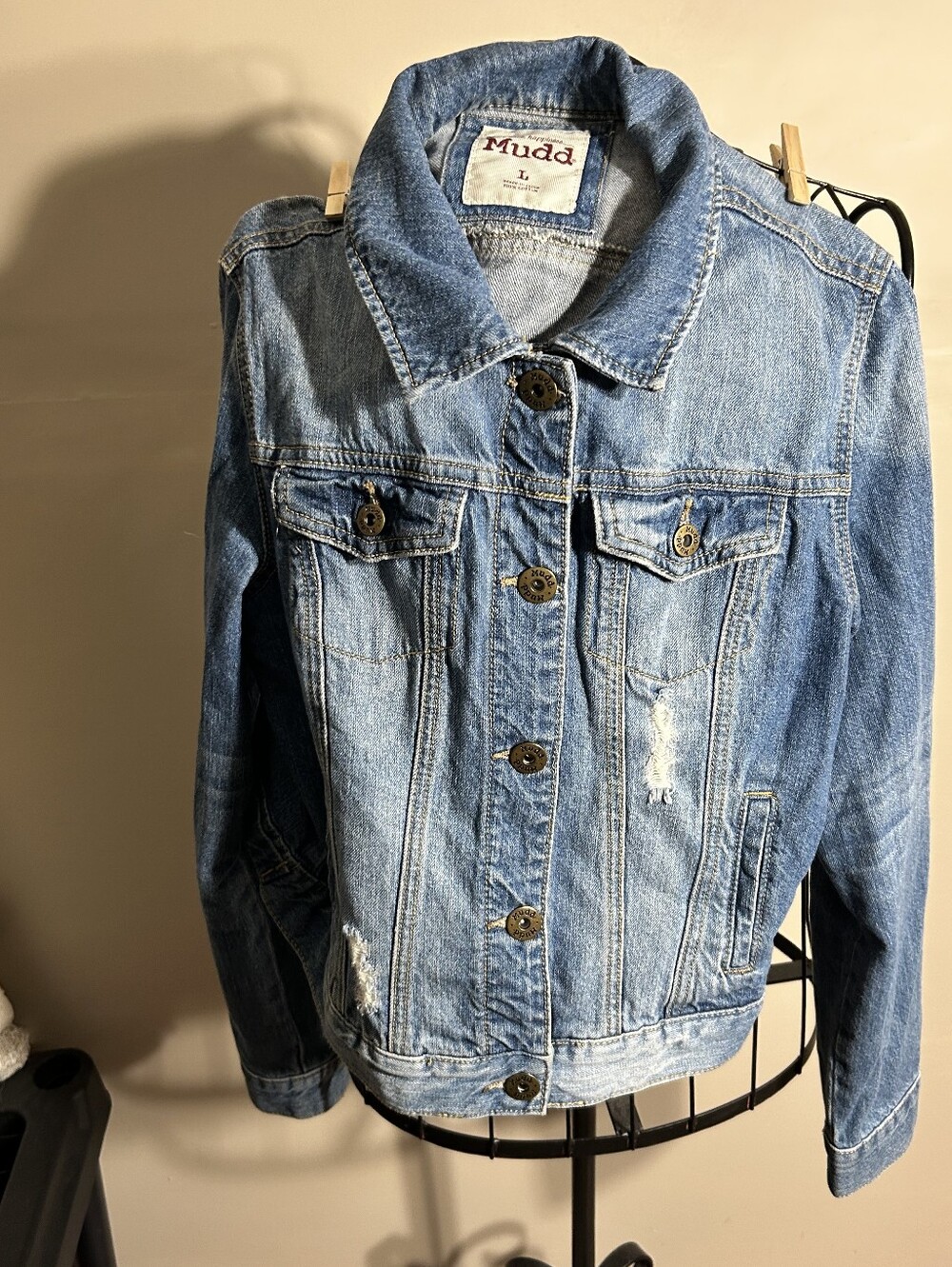 size Large womens blue jean denim jacket coat distressed